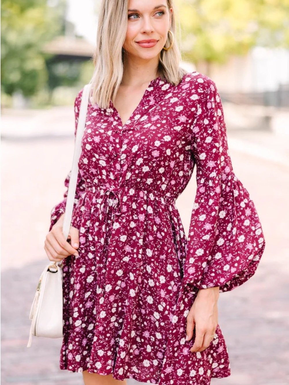 Blu Pepper Maroon Floral Wrap Dress with Light Pink and Cream Blooms